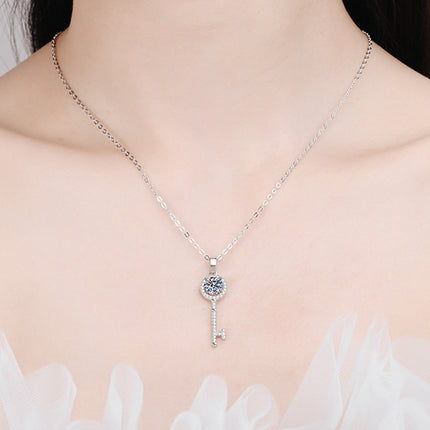 Platinum Mosang Stone Love Key Necklace | Elegant Pendant for Women