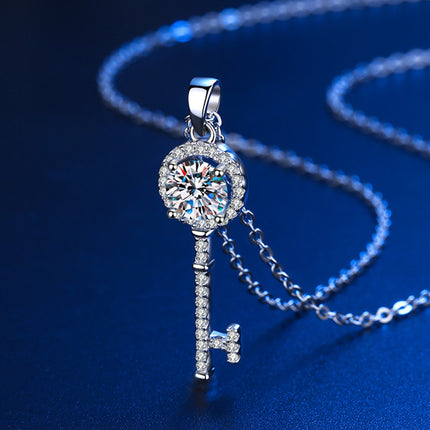 Platinum Mosang Stone Love Key Necklace | Elegant Pendant for Women