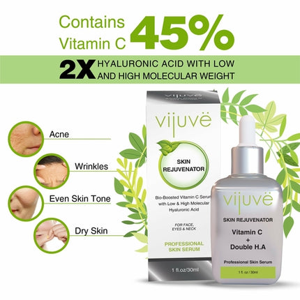 VIJUVE Advanced Vitamin C Face Serum – 45% Vitamin C, Double Hyaluronic Acid & Collagen Peptides for Anti-Aging, Skin Brightening & Wrinkle Reduction