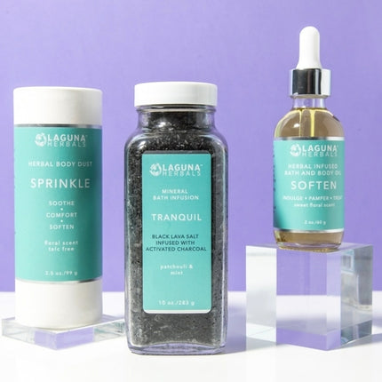 “TRANQUIL” Mineral Bath Infusion & Herbal Body Dust with Lavender & Rose Body Oil – Detoxifying, Soothing, and Moisturizing Spa Set